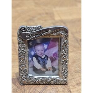 Vintage Grandma Silver Scroll Real Mini Picture Frame Brooch Hearts Flowers 1.7"